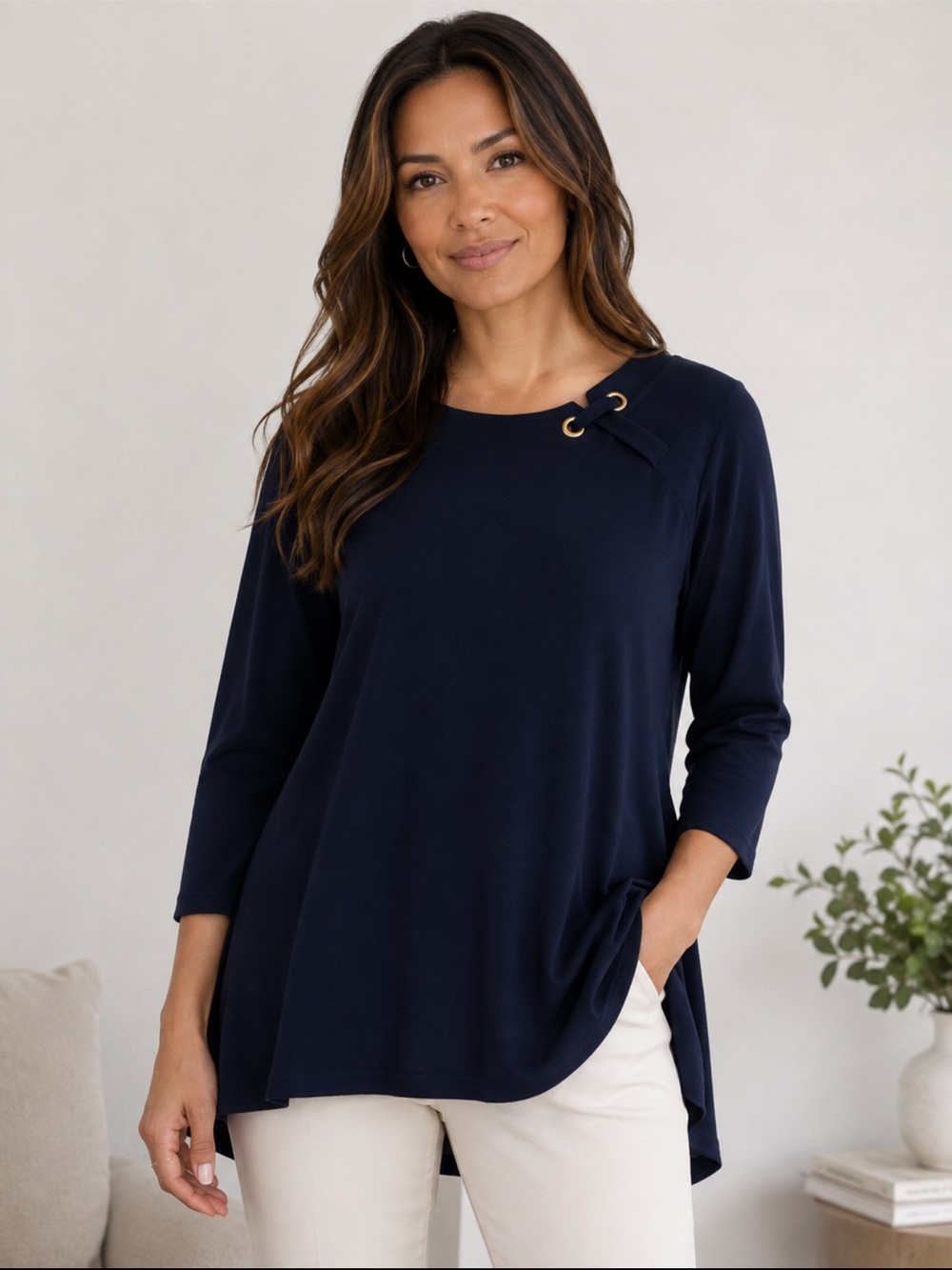 Chico’s Travelers Navy Blue 3/4 Sleeve Stretch Blouse - Size Large